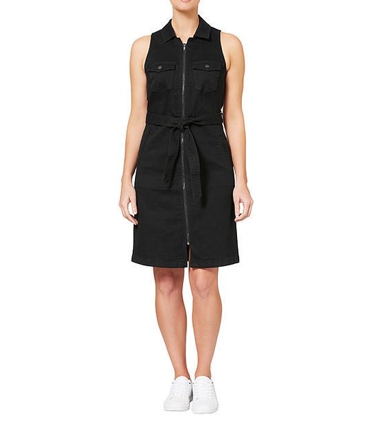 Zip Through Denim Dress - Black