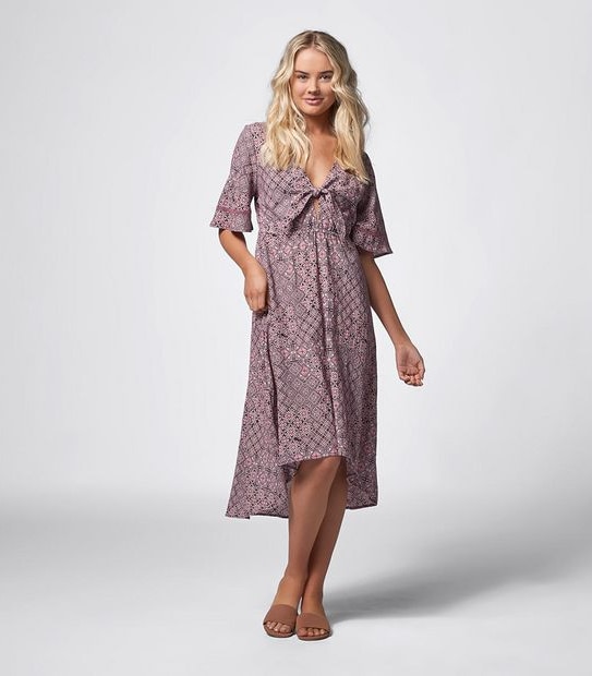 Piping Hot Kimono Sleeve Midi Dress - Plum Tile Print