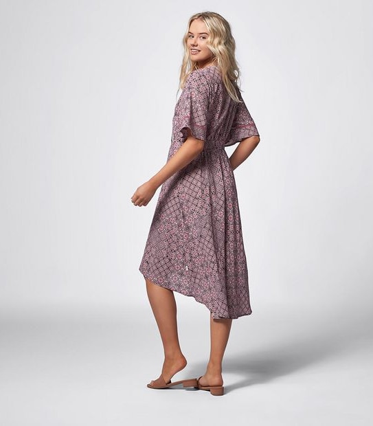 Piping Hot Kimono Sleeve Midi Dress - Plum Tile Print