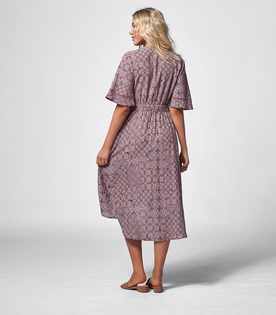 Piping Hot Kimono Sleeve Midi Dress - Plum Tile Print