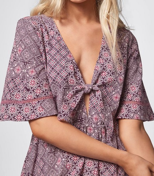 Piping Hot Kimono Sleeve Midi Dress - Plum Tile Print