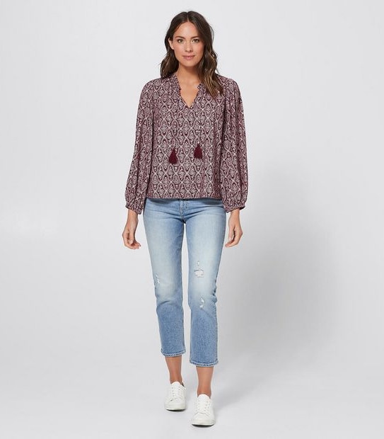 Perry Peasant Blouse - Burgundy Red Floral