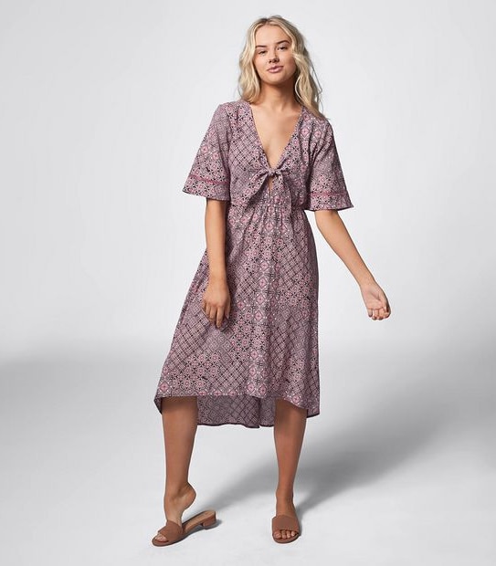 Piping Hot Kimono Sleeve Midi Dress - Plum Tile Print