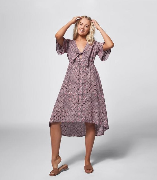 Piping Hot Kimono Sleeve Midi Dress - Plum Tile Print