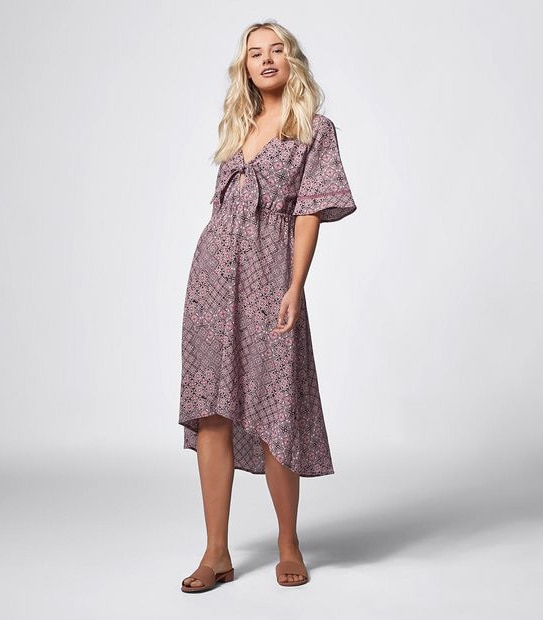 Piping Hot Kimono Sleeve Midi Dress - Plum Tile Print