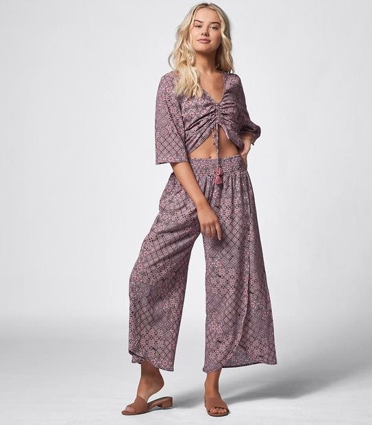 Piping Hot Split Beach Pants - Plum Tile Print
