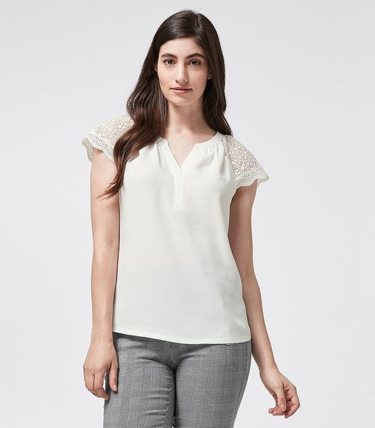 Preview Lace Sleeve Woven and Knit Shell Top - White