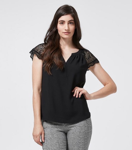 Preview Lace Sleeve Woven and Knit Shell Top - Black