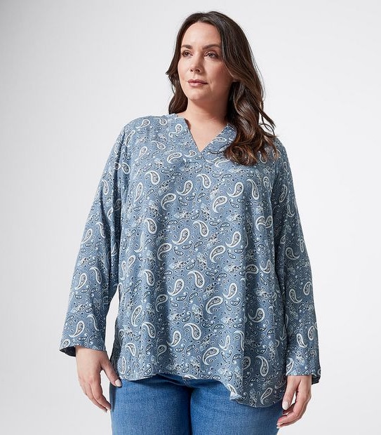 Belle Curve Long Sleeve Dallas Top - Blue Paisley