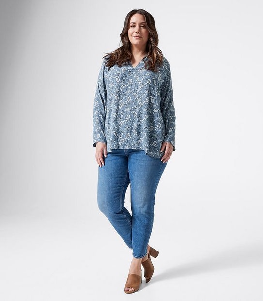 Belle Curve Long Sleeve Dallas Top - Blue Paisley