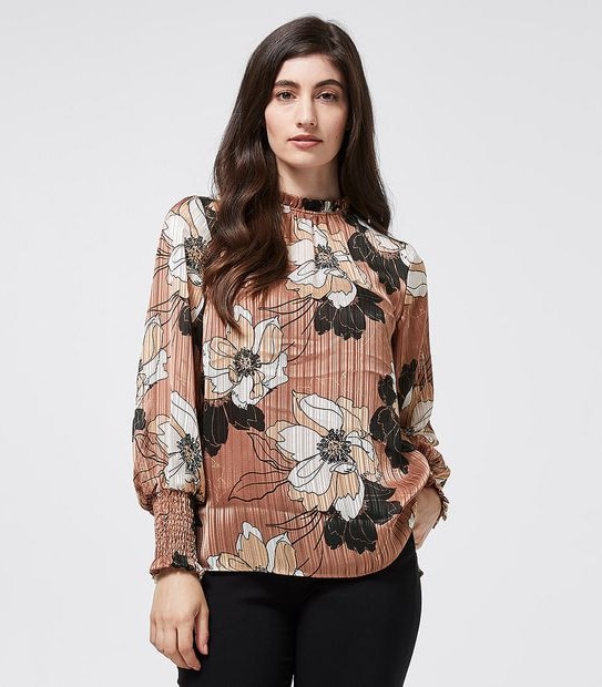 Preview Self Stripe Burnout Shell Blouse - Brown Floral