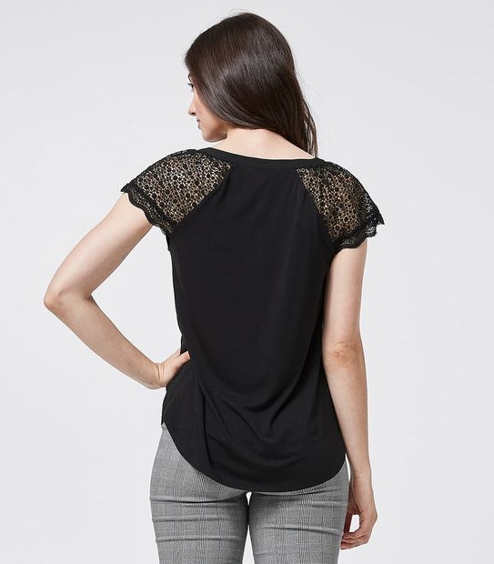 Preview Lace Sleeve Woven and Knit Shell Top - Black