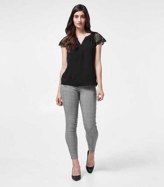 Preview Lace Sleeve Woven and Knit Shell Top - Black
