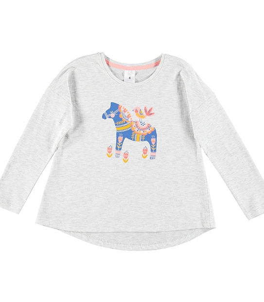 Long Sleeve Extended Shoulder Horse Print T-Shirt