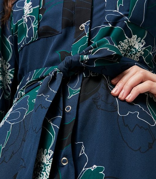 Preview Chiffon Shirt Dress - Navy Blue/Green Floral