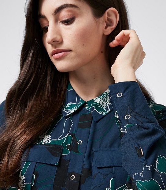 Preview Chiffon Shirt Dress - Navy Blue/Green Floral
