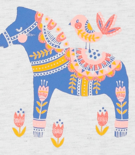 Long Sleeve Extended Shoulder Horse Print T-Shirt