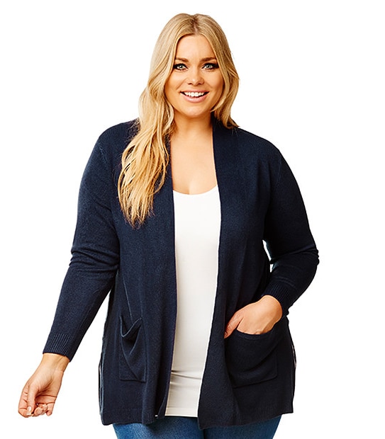 Belle Curve Cashmere Feel Side Split Cardigan - Navy