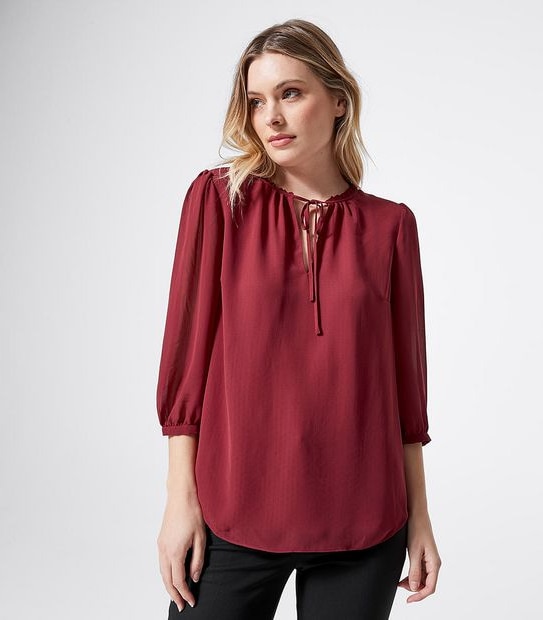 Preview 3/4 Sleeve Dobby Tie Neck Blouse - Tibetan Red