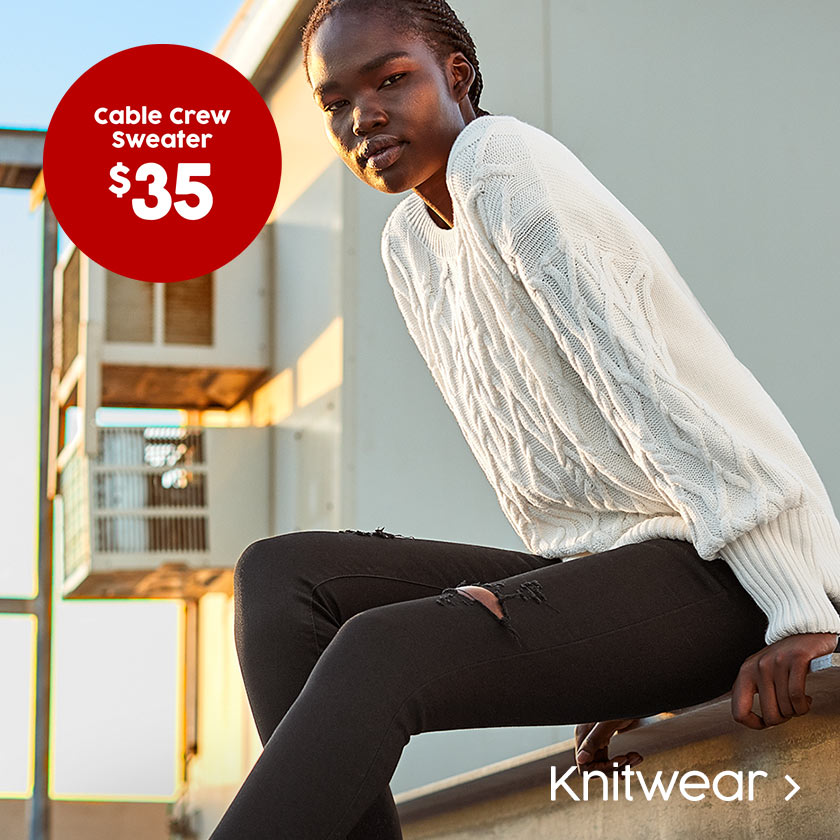 Cable Crew Sweater $35. Shop Knitwear.