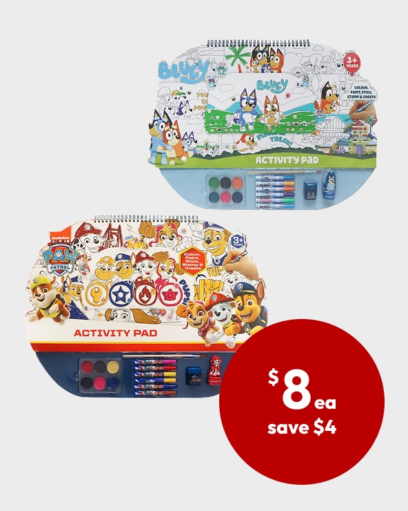 $8ea save $4 Paw Patrol or Bluey Activity Pad